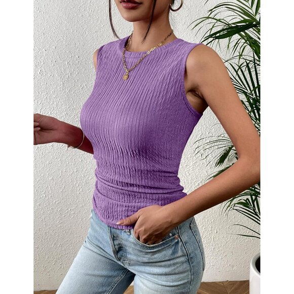 🆕 Women Purple High Neck Tank Top Summer Casual Ribbed Knit Slim Fitted Shirts - Picture 2 of 5
